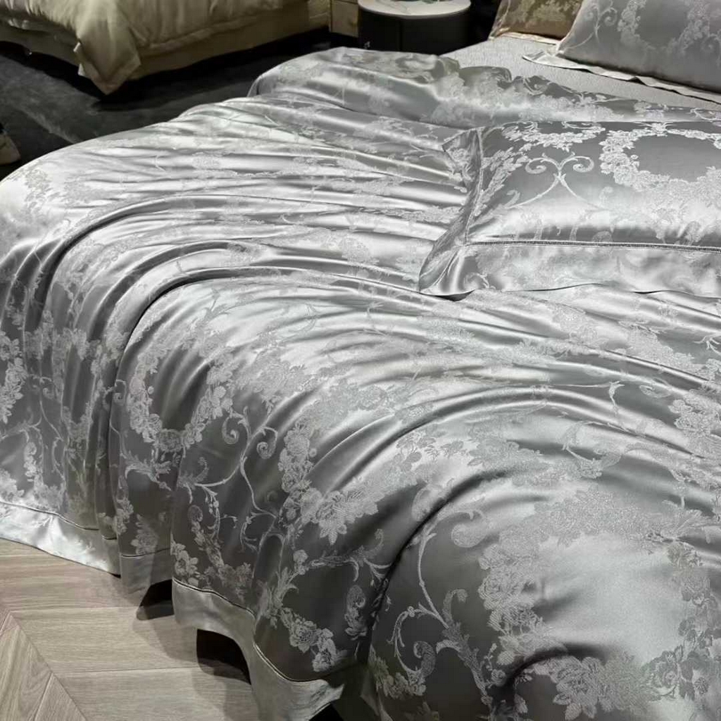 91家纺网 家纺一手货源 找家纺 edra 2026新款真丝天丝轻奢提花床盖款四件套-繁花 繁花-深灰