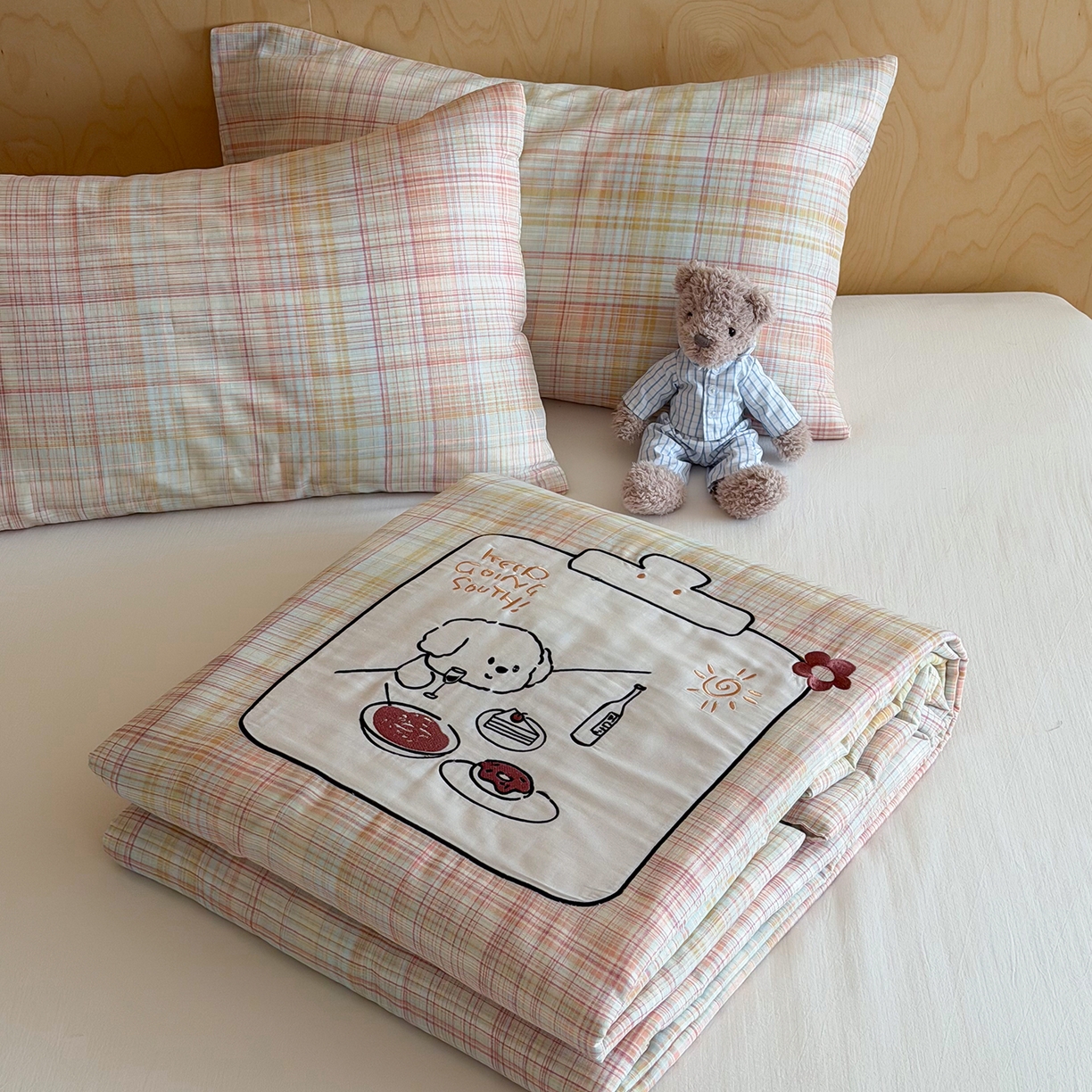一加一 2026新款全棉双层纱贴布绣大豆夏被-格格乐园 粉彩早餐熊