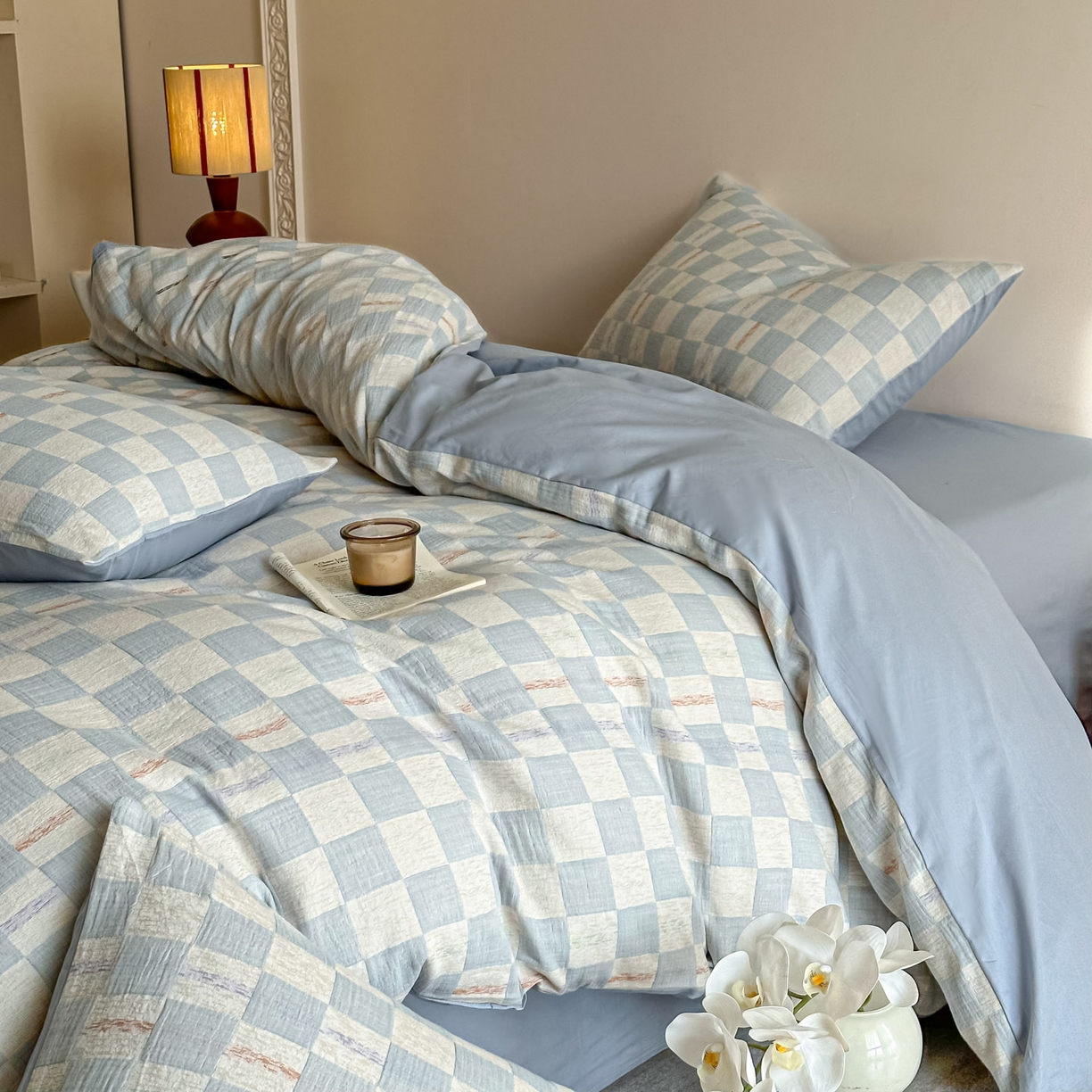 眠博士 2026新款色织水洗双层纱提花四件套 曲奇蓝格