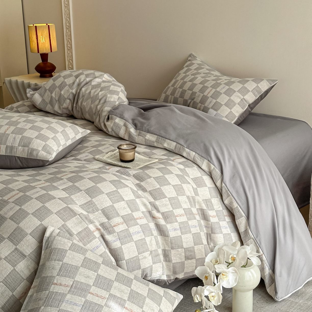 眠博士 2026新款色织水洗双层纱提花四件套 曲奇灰格