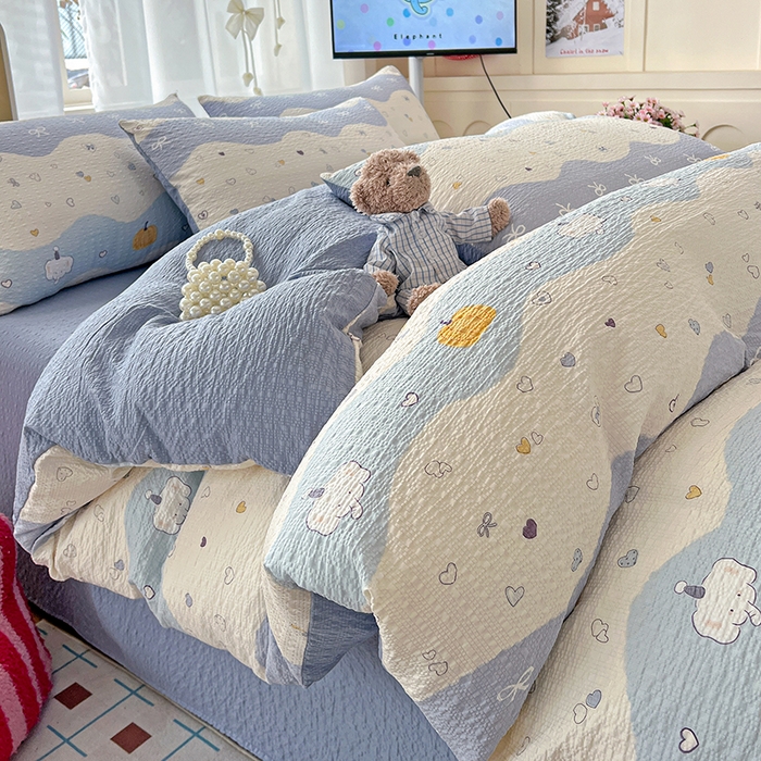 梦纤绒 2026春夏新款简单款泡芙纱印花四件套 果子小象