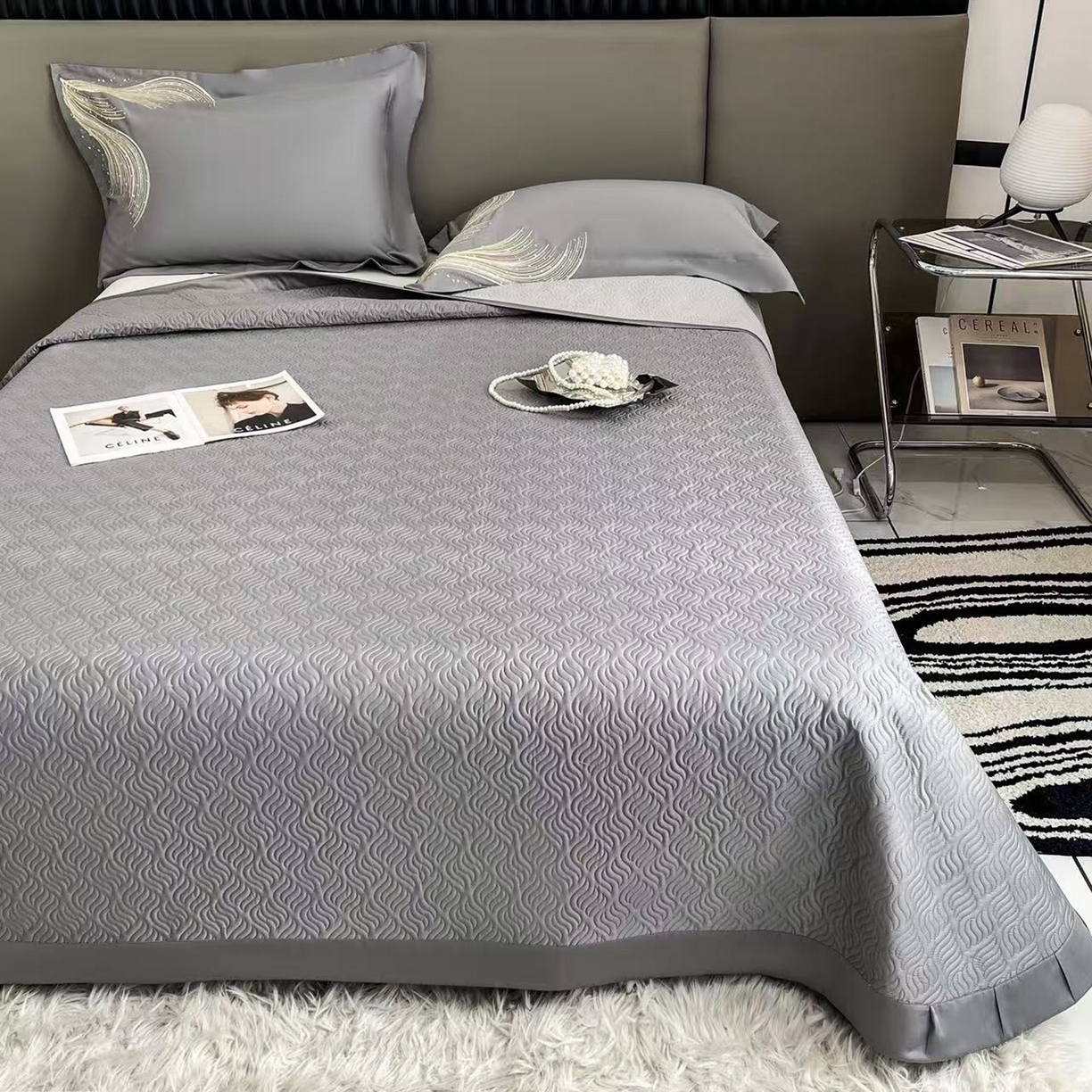 91家纺网 家纺一手货源 找家纺 （总）edra 2026新款纯棉长绒棉轻奢刺绣床盖款四件套-北极光