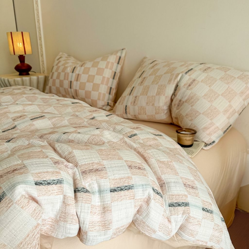 91家纺网 家纺一手货源 找家纺 眠博士 2026新款色织水洗双层纱提花四件套 曲奇卡其格