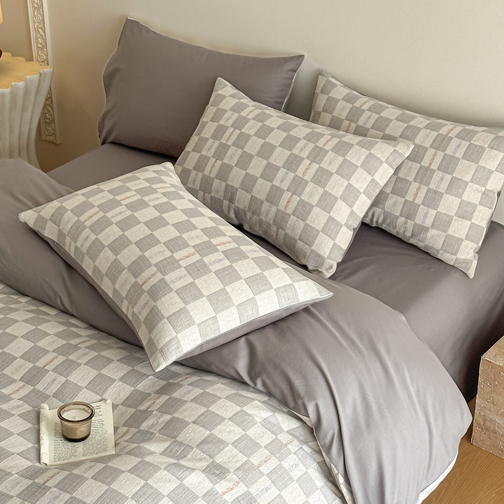 91家纺网 家纺一手货源 找家纺 眠博士 2026新款色织水洗双层纱提花四件套 曲奇灰格