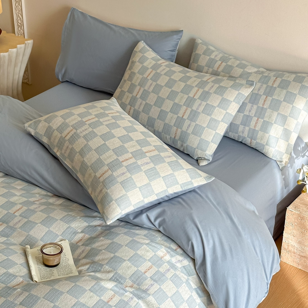 91家纺网 家纺一手货源 找家纺 眠博士 2026新款色织水洗双层纱提花四件套 曲奇蓝格