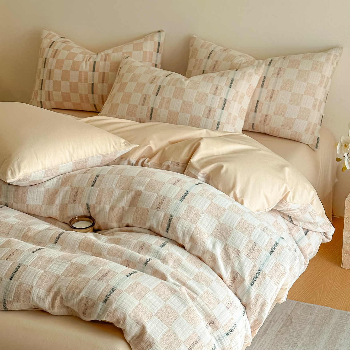 91家纺网 家纺一手货源 找家纺 眠博士 2026新款色织水洗双层纱提花四件套 曲奇卡其格