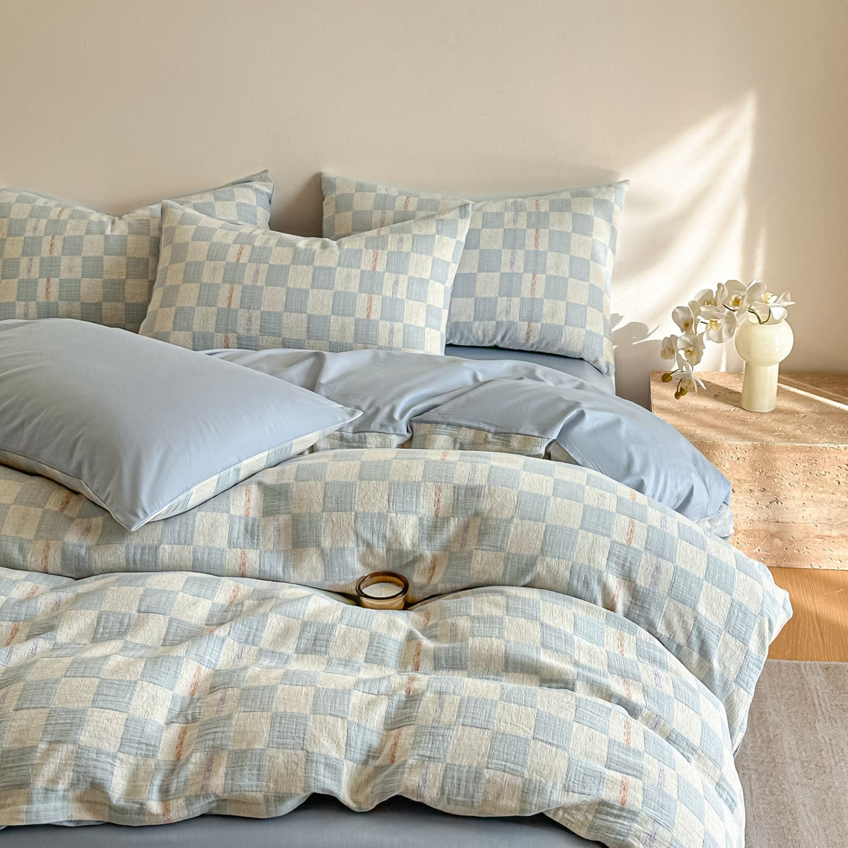 91家纺网 家纺一手货源 找家纺 眠博士 2026新款色织水洗双层纱提花四件套 曲奇蓝格