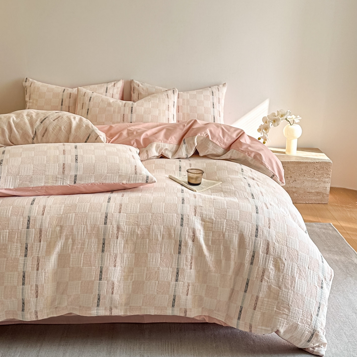 91家纺网 家纺一手货源 找家纺 眠博士 2026新款色织水洗双层纱提花四件套 曲奇粉格