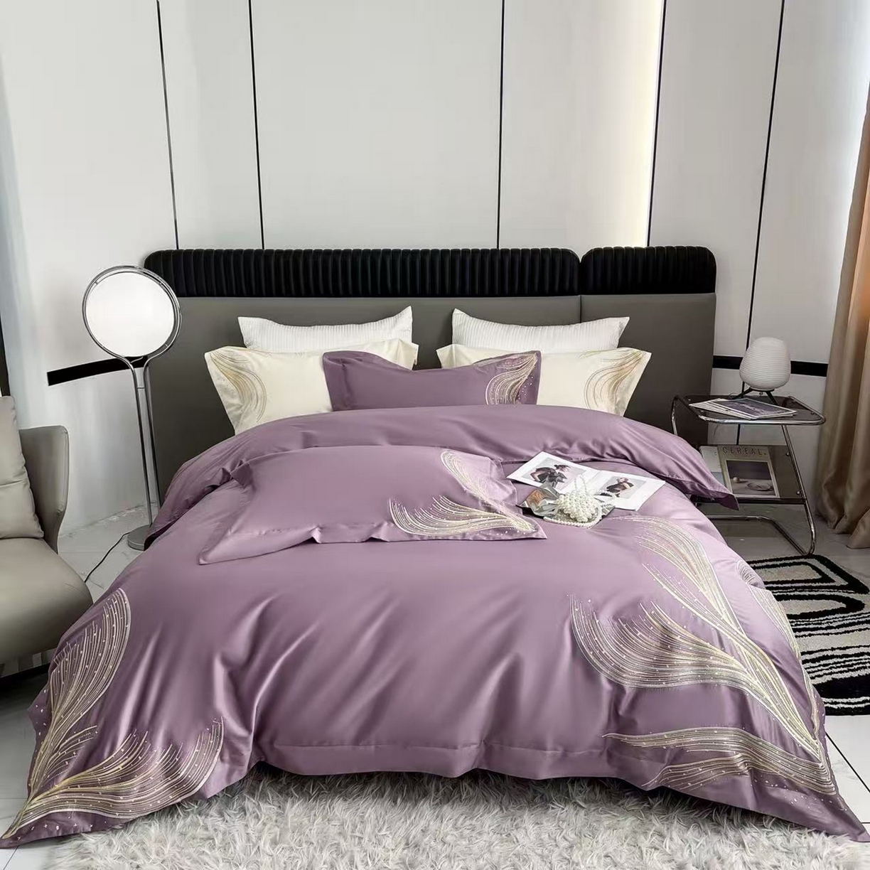 91家纺网 家纺一手货源 找家纺 （总）edra 2026新款纯棉长绒棉轻奢刺绣床盖款四件套-北极光