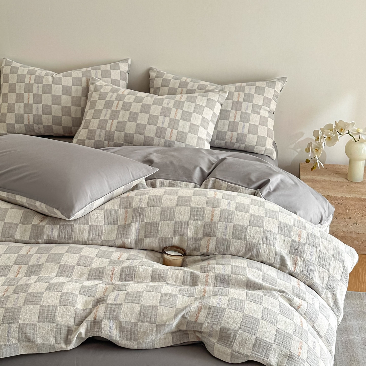 91家纺网 家纺一手货源 找家纺 眠博士 2026新款色织水洗双层纱提花四件套 曲奇灰格