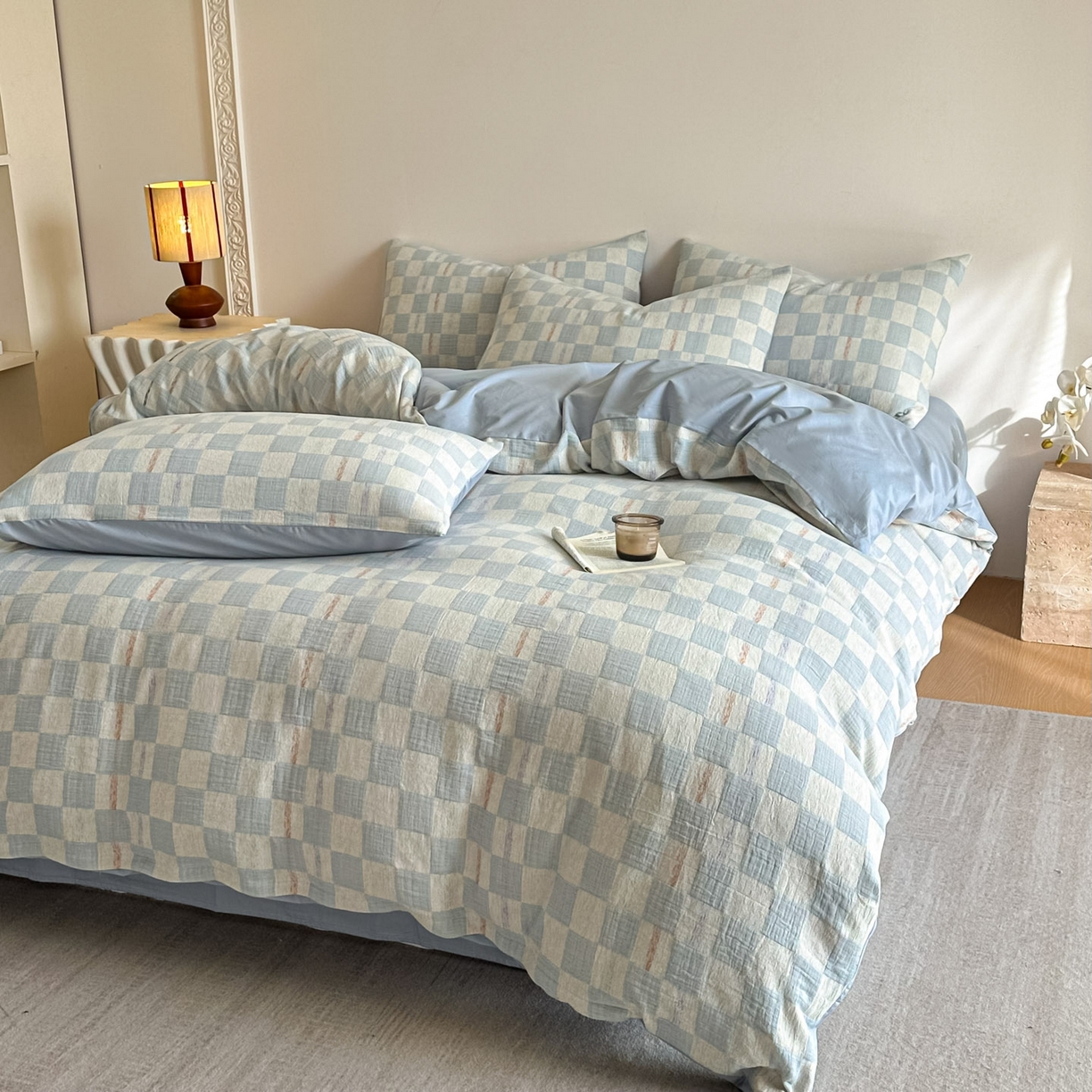 91家纺网 家纺一手货源 找家纺 眠博士 2026新款色织水洗双层纱提花四件套 曲奇蓝格