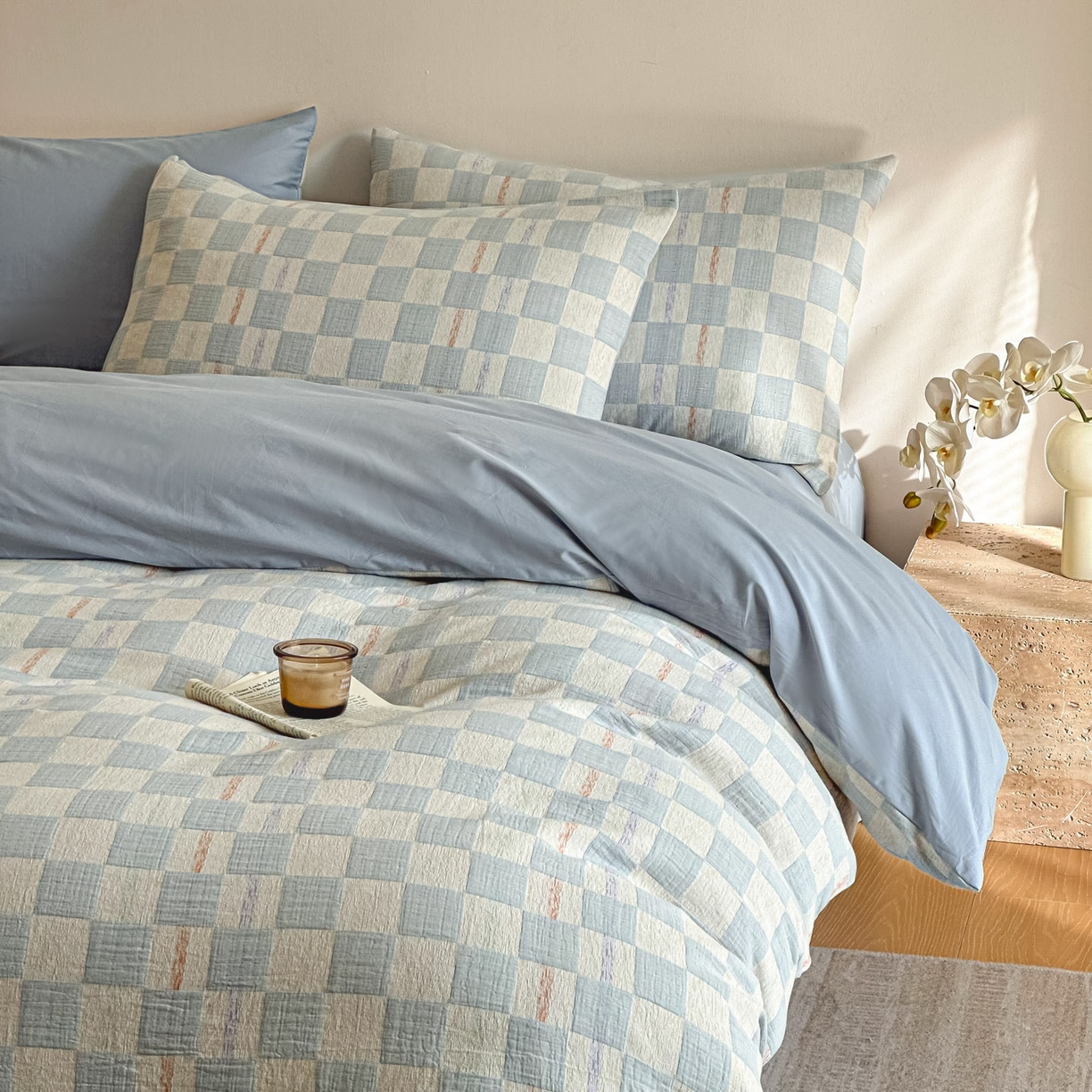 91家纺网 家纺一手货源 找家纺 眠博士 2026新款色织水洗双层纱提花四件套 曲奇蓝格