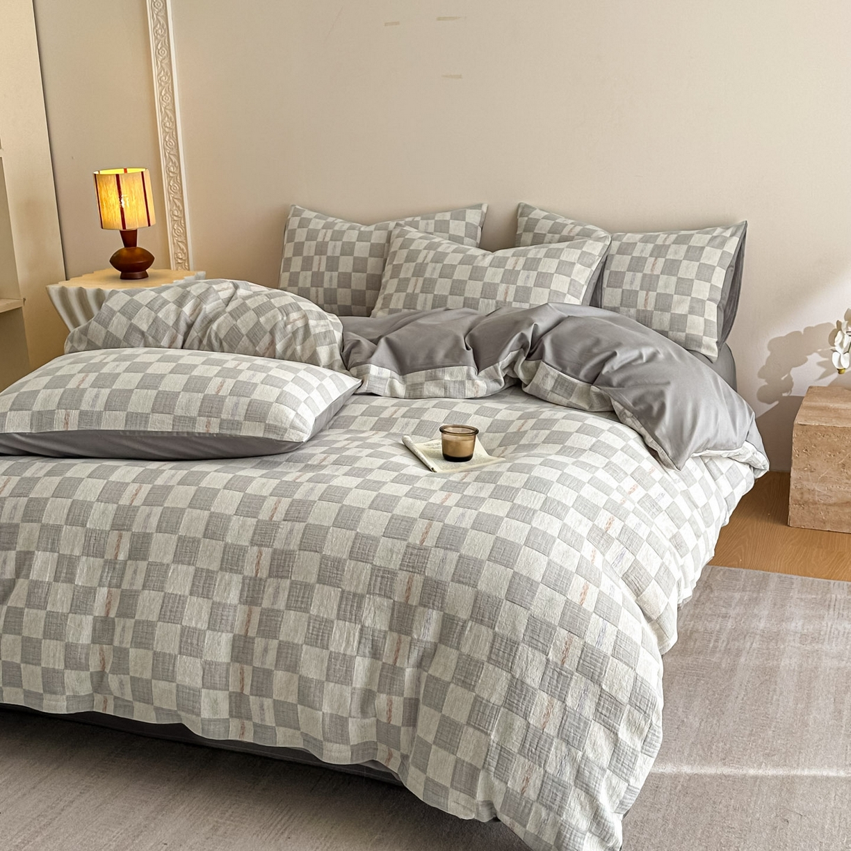 91家纺网 家纺一手货源 找家纺 眠博士 2026新款色织水洗双层纱提花四件套 曲奇灰格