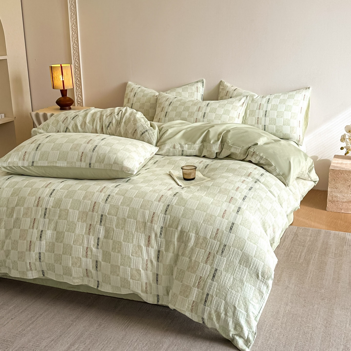 91家纺网 家纺一手货源 找家纺 眠博士 2026新款色织水洗双层纱提花四件套 曲奇绿格