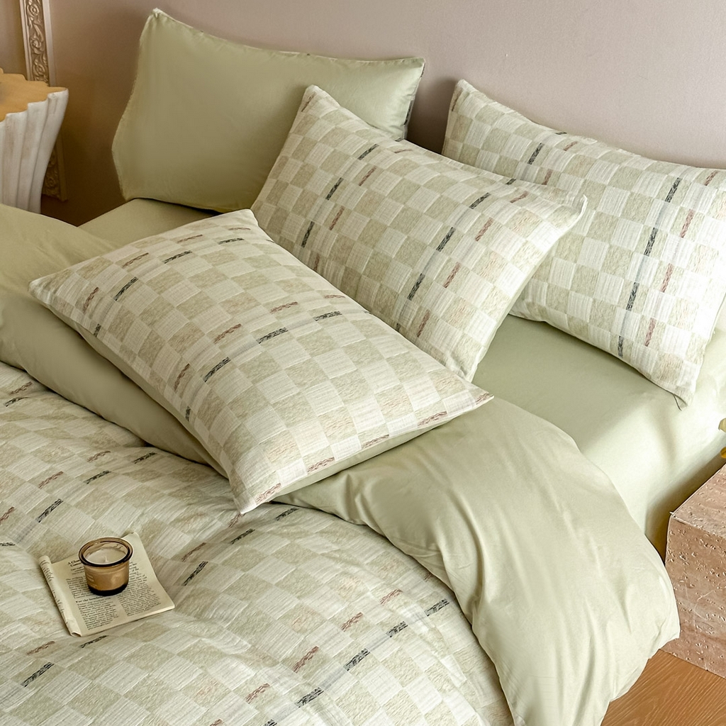 91家纺网 家纺一手货源 找家纺 眠博士 2026新款色织水洗双层纱提花四件套 曲奇绿格