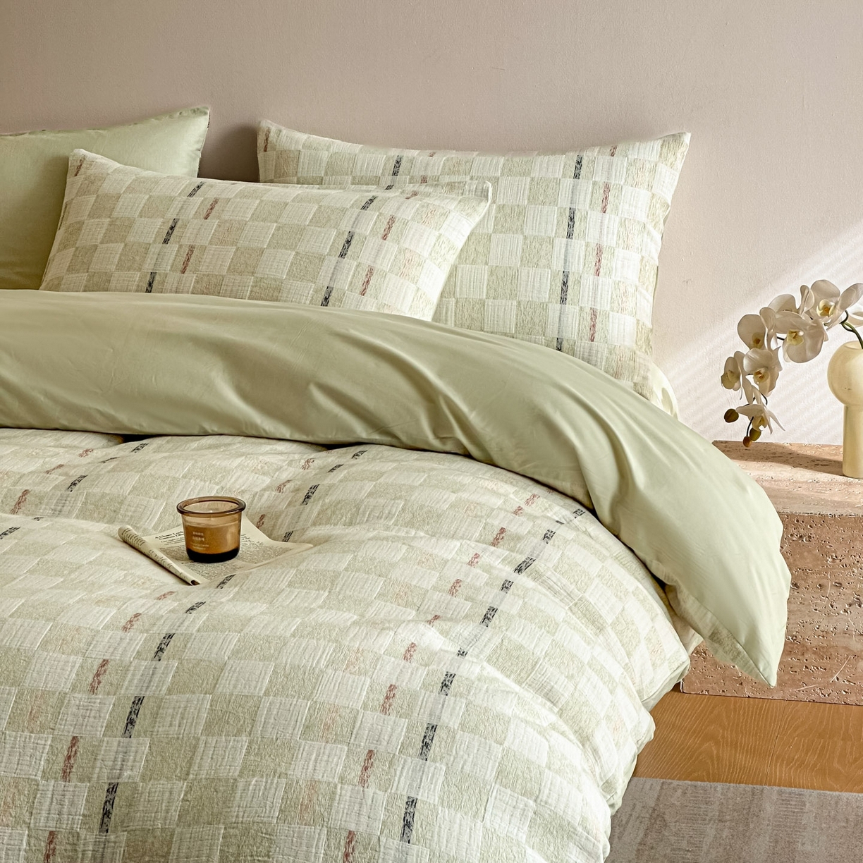 91家纺网 家纺一手货源 找家纺 眠博士 2026新款色织水洗双层纱提花四件套 曲奇绿格