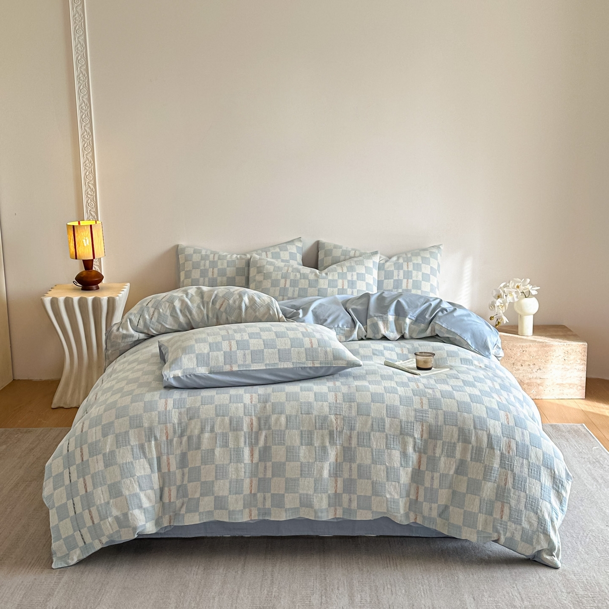 91家纺网 家纺一手货源 找家纺 眠博士 2026新款色织水洗双层纱提花四件套 曲奇蓝格