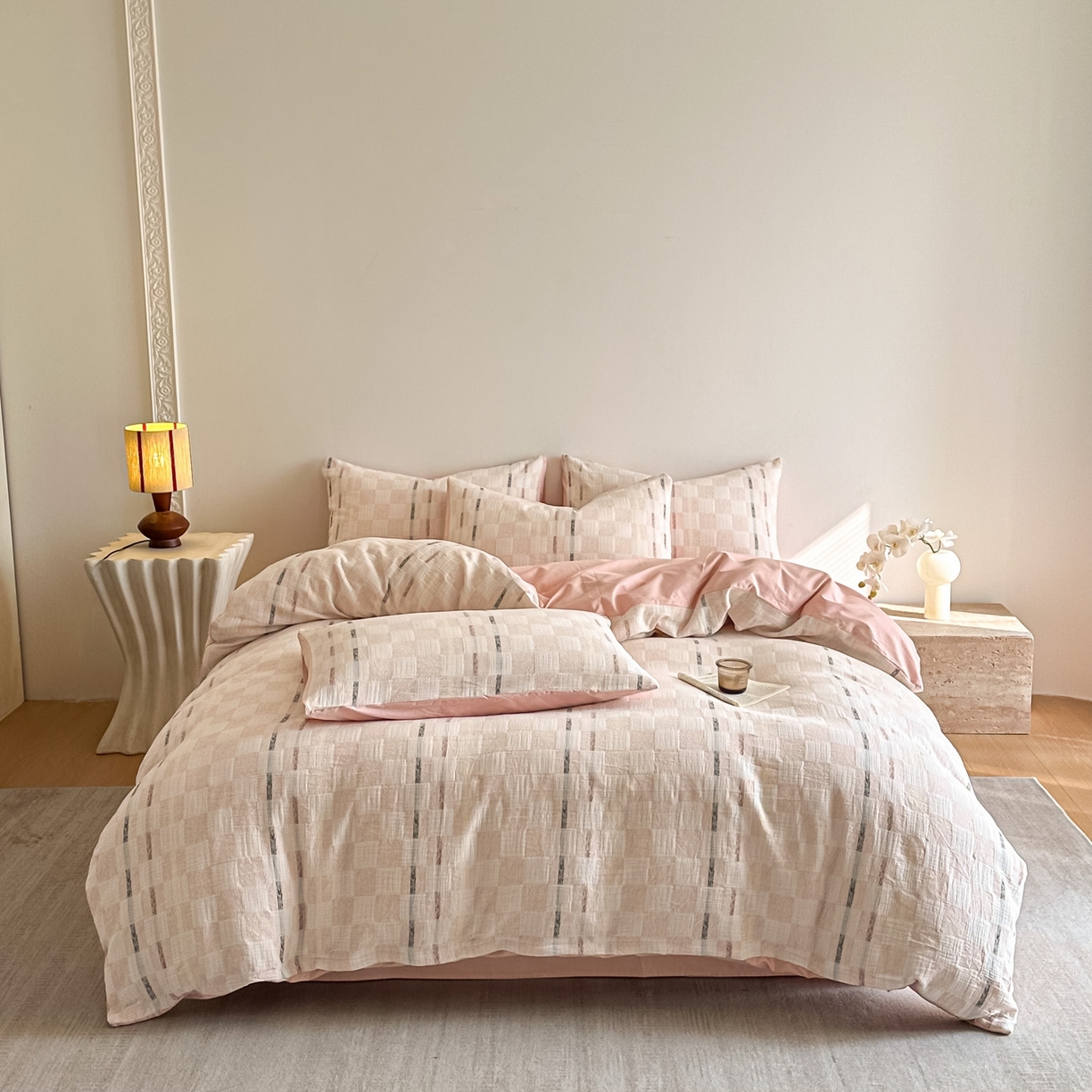 91家纺网 家纺一手货源 找家纺 眠博士 2026新款色织水洗双层纱提花四件套 曲奇粉格