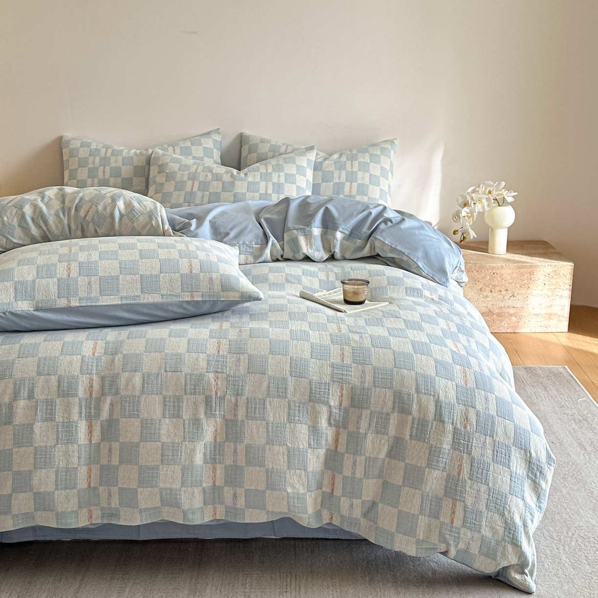 91家纺网 家纺一手货源 找家纺 眠博士 2026新款色织水洗双层纱提花四件套 曲奇蓝格