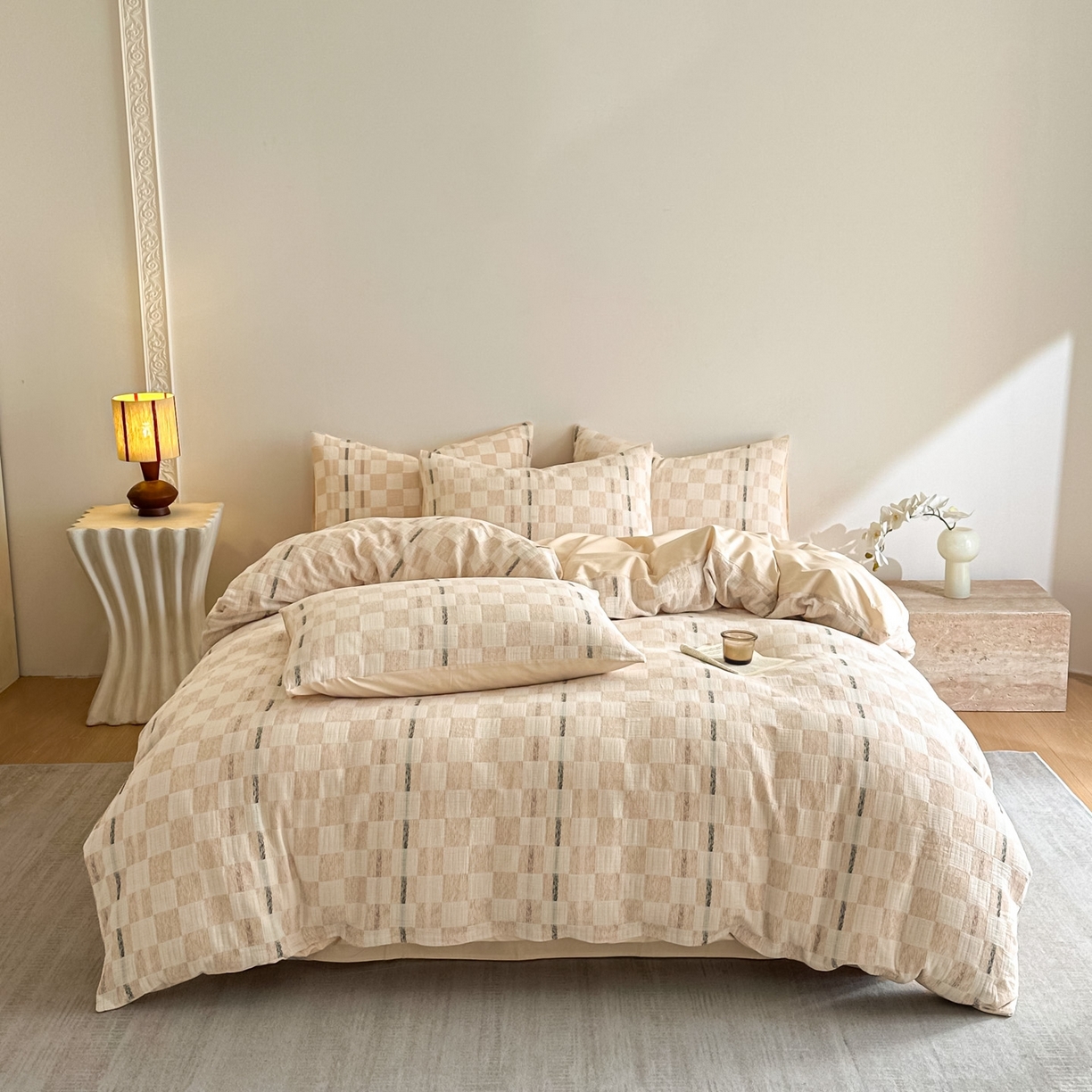 91家纺网 家纺一手货源 找家纺 眠博士 2026新款色织水洗双层纱提花四件套 曲奇卡其格