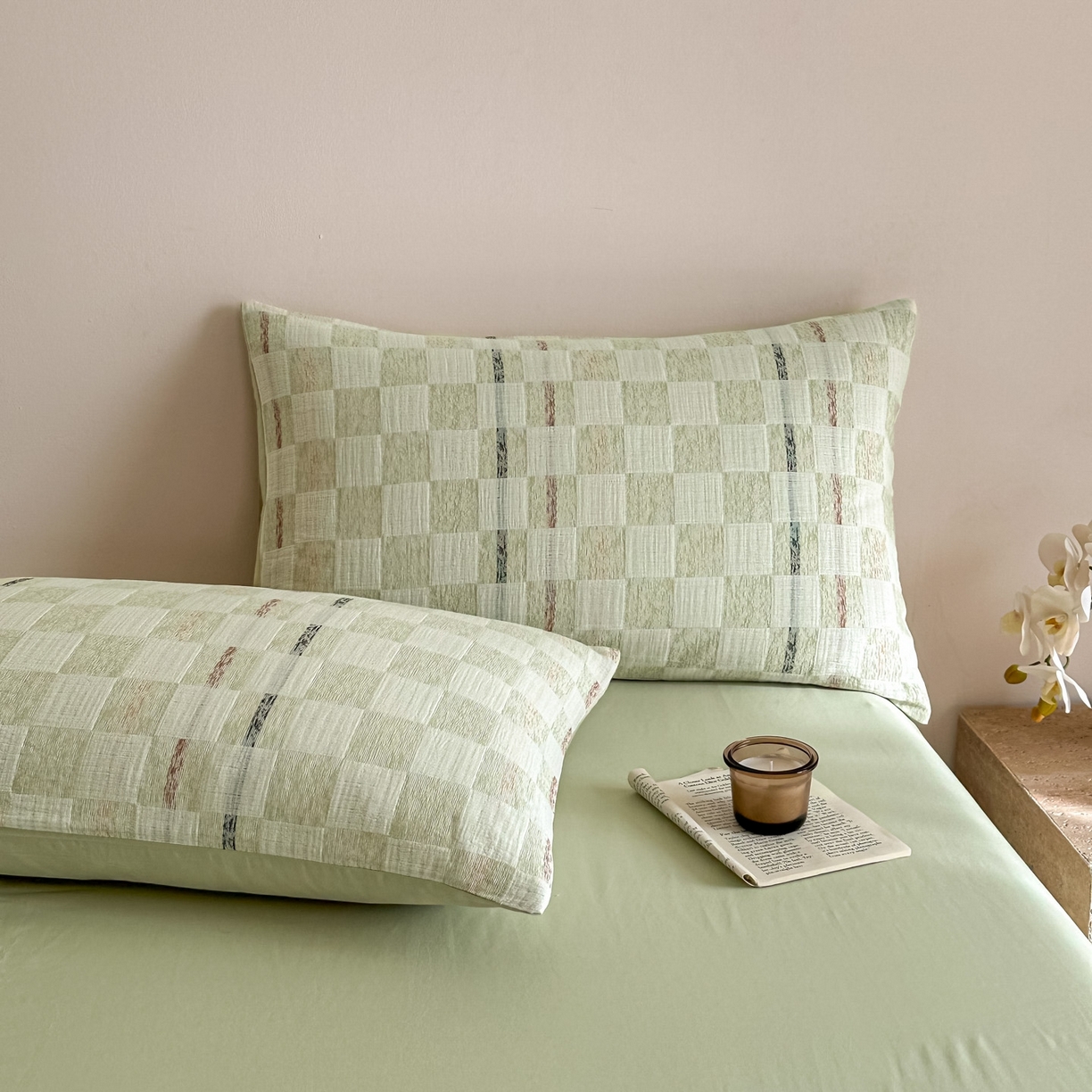 91家纺网 家纺一手货源 找家纺 眠博士 2026新款色织水洗双层纱提花四件套 曲奇绿格