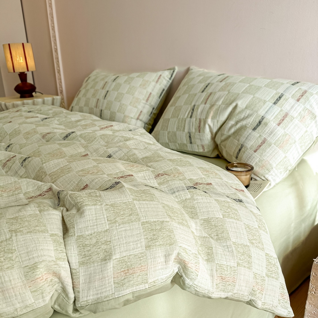 91家纺网 家纺一手货源 找家纺 眠博士 2026新款色织水洗双层纱提花四件套 曲奇绿格