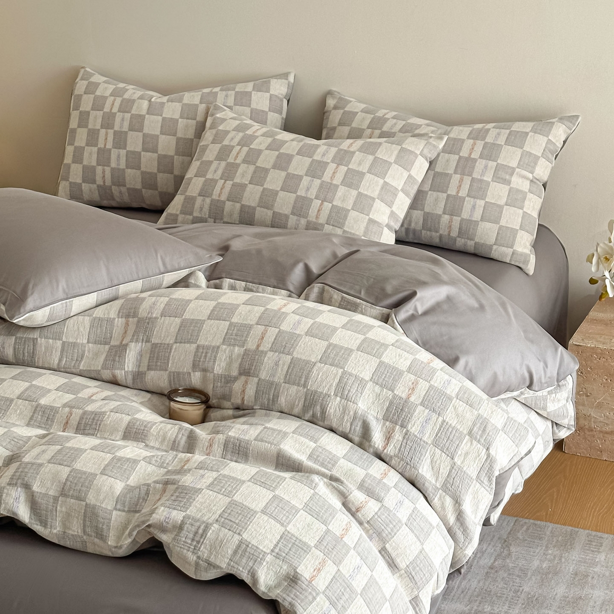 91家纺网 家纺一手货源 找家纺 眠博士 2026新款色织水洗双层纱提花四件套 曲奇灰格