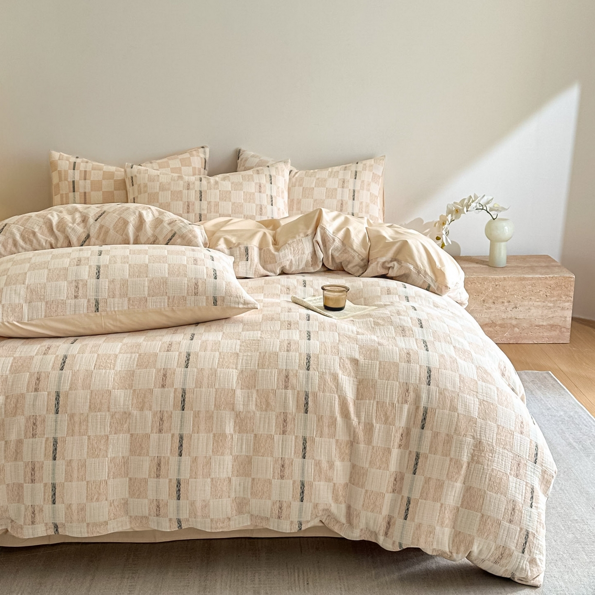 91家纺网 家纺一手货源 找家纺 眠博士 2026新款色织水洗双层纱提花四件套 曲奇卡其格