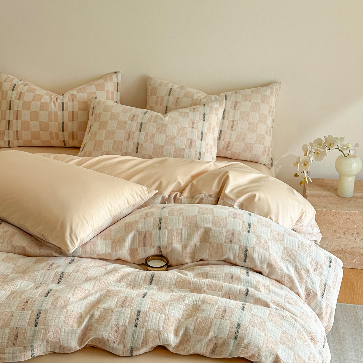 91家纺网 家纺一手货源 找家纺 眠博士 2026新款色织水洗双层纱提花四件套 曲奇卡其格