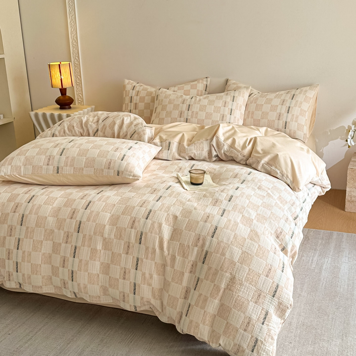 91家纺网 家纺一手货源 找家纺 眠博士 2026新款色织水洗双层纱提花四件套 曲奇卡其格