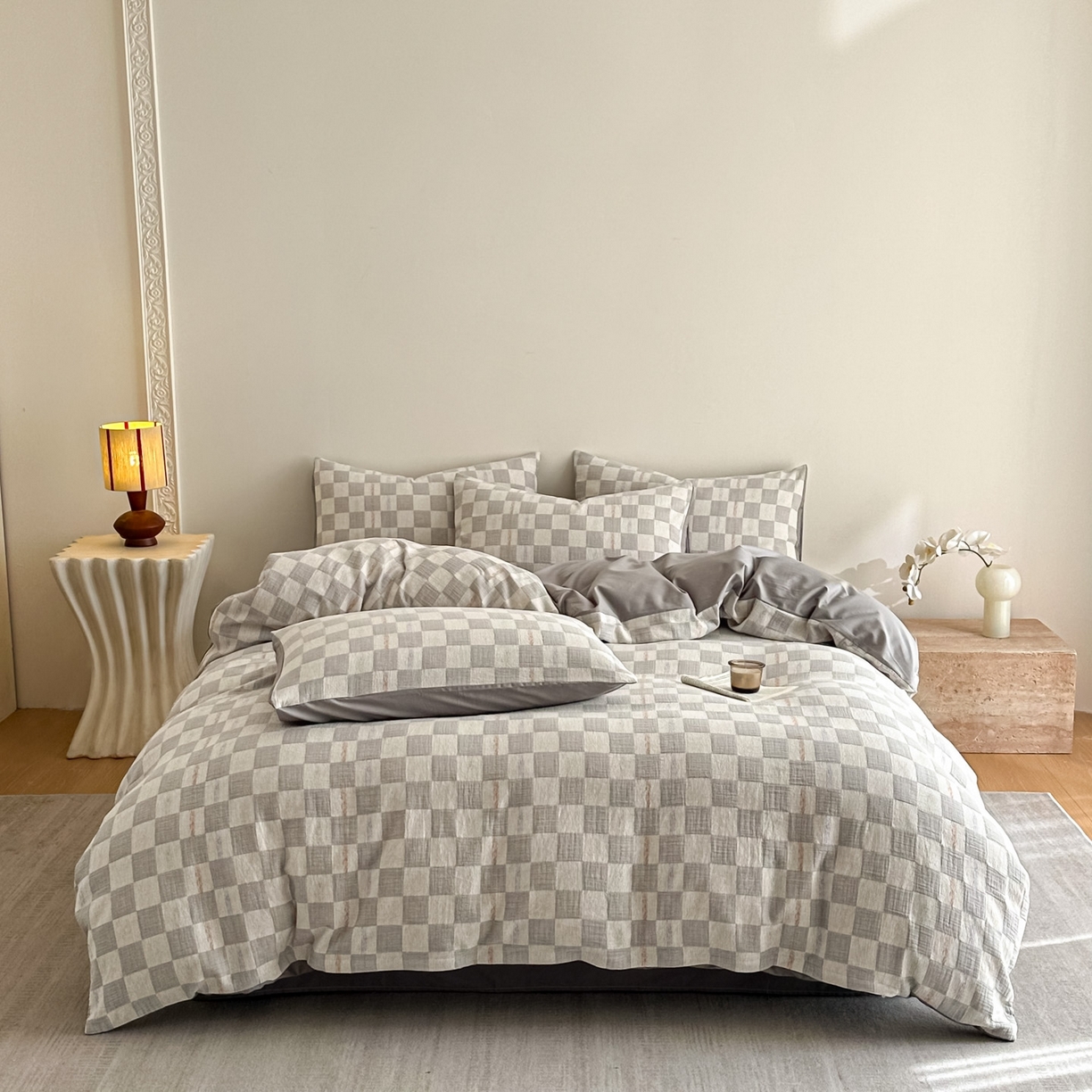 91家纺网 家纺一手货源 找家纺 眠博士 2026新款色织水洗双层纱提花四件套 曲奇灰格