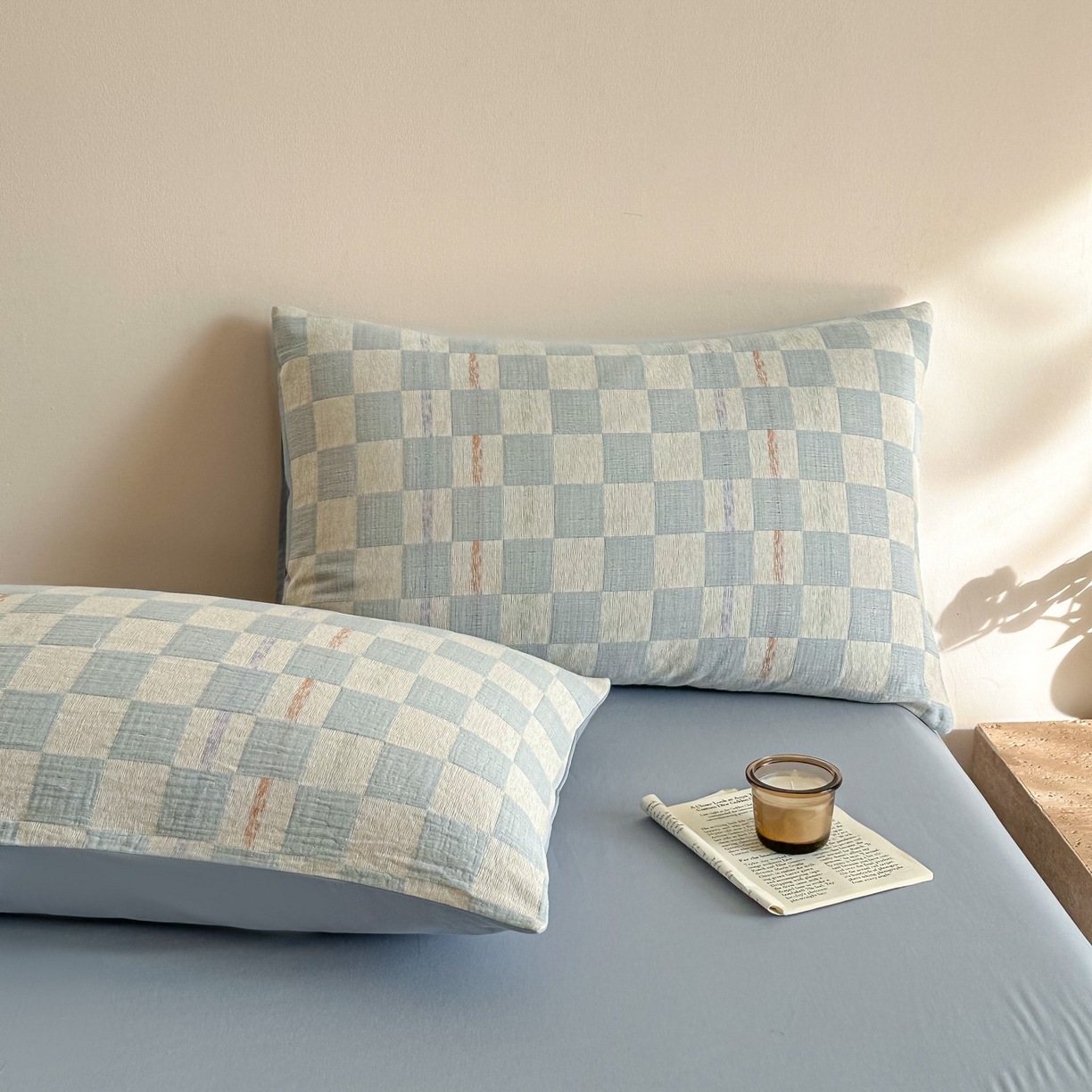 91家纺网 家纺一手货源 找家纺 眠博士 2026新款色织水洗双层纱提花四件套 曲奇蓝格