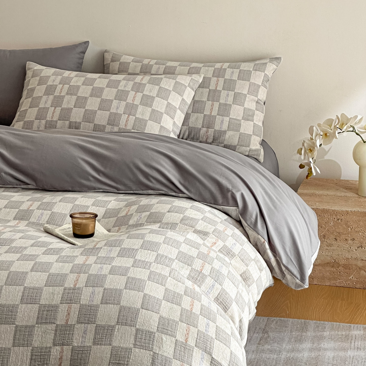 91家纺网 家纺一手货源 找家纺 眠博士 2026新款色织水洗双层纱提花四件套 曲奇灰格