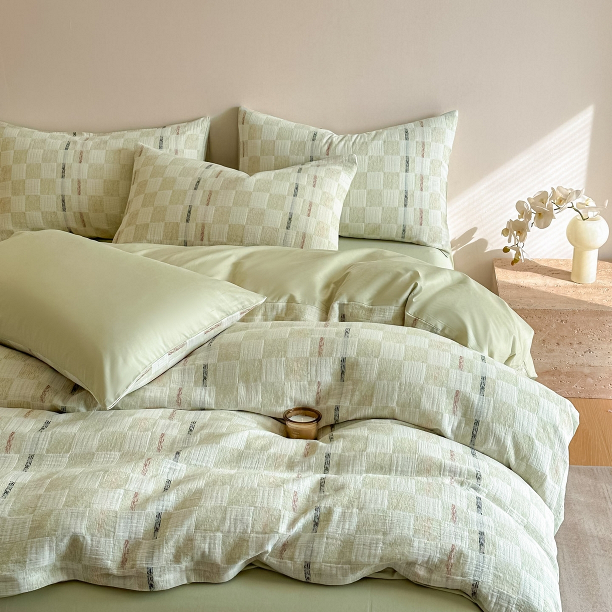 91家纺网 家纺一手货源 找家纺 眠博士 2026新款色织水洗双层纱提花四件套 曲奇绿格