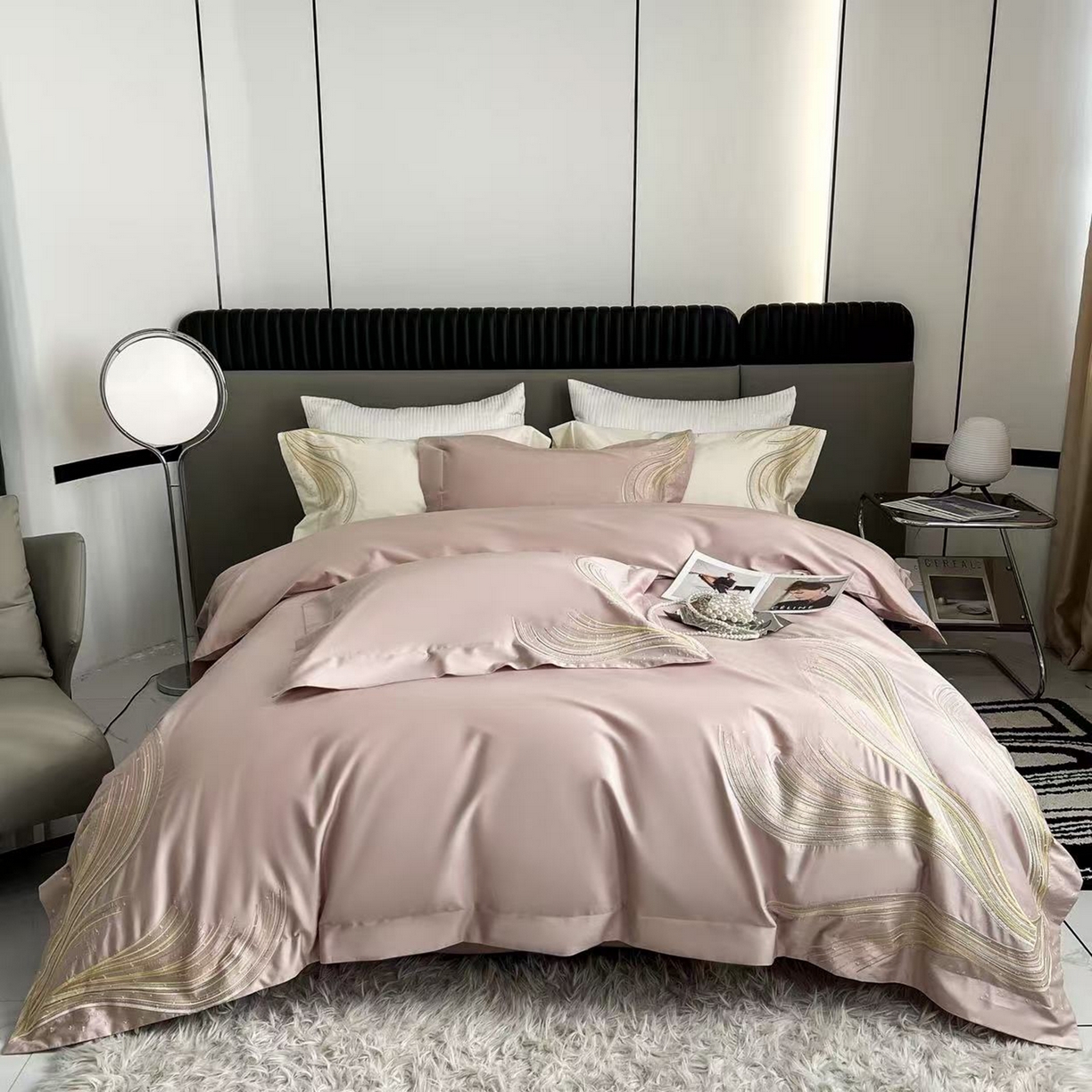 edra 2026新款纯棉长绒棉轻奢刺绣床盖款四件套-北极光 北极光-粉