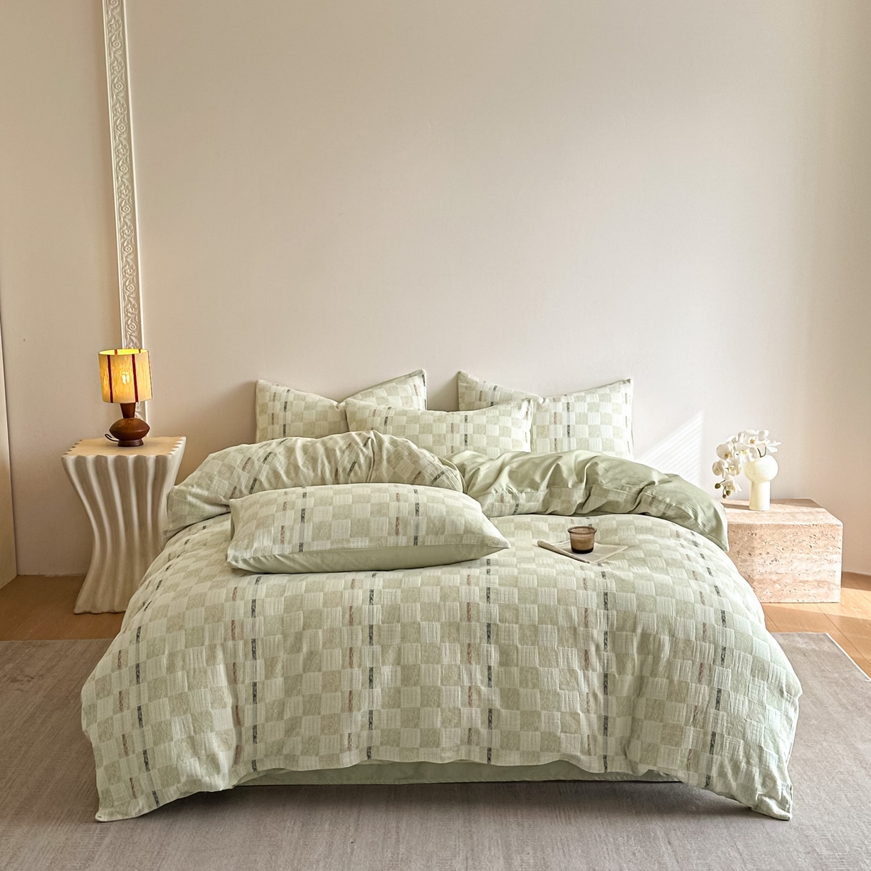 91家纺网 家纺一手货源 找家纺 眠博士 2026新款色织水洗双层纱提花四件套 曲奇绿格