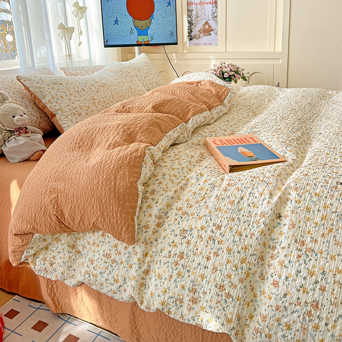 91家纺网 家纺一手货源 找家纺 梦纤绒 2026春夏新款简单款泡芙纱印花四件套 花间赋