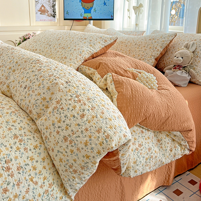 91家纺网 家纺一手货源 找家纺 梦纤绒 2026春夏新款简单款泡芙纱印花四件套 花间赋