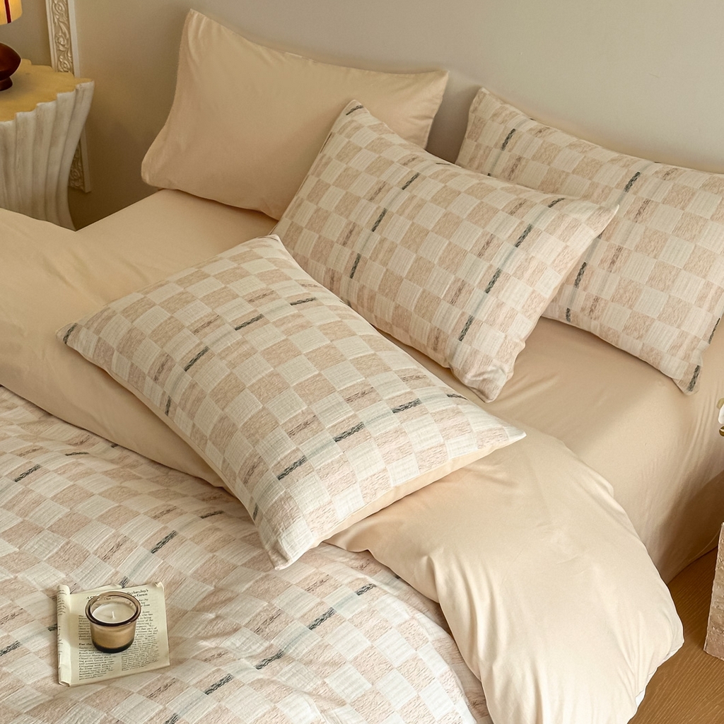 91家纺网 家纺一手货源 找家纺 眠博士 2026新款色织水洗双层纱提花四件套 曲奇卡其格