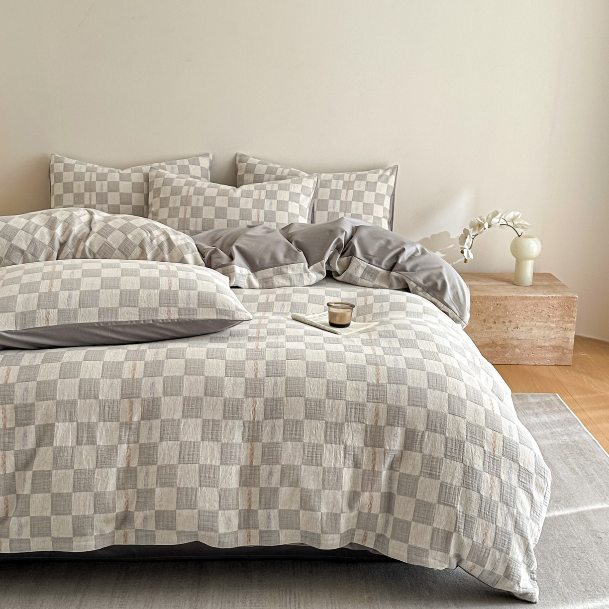 91家纺网 家纺一手货源 找家纺 眠博士 2026新款色织水洗双层纱提花四件套 曲奇灰格