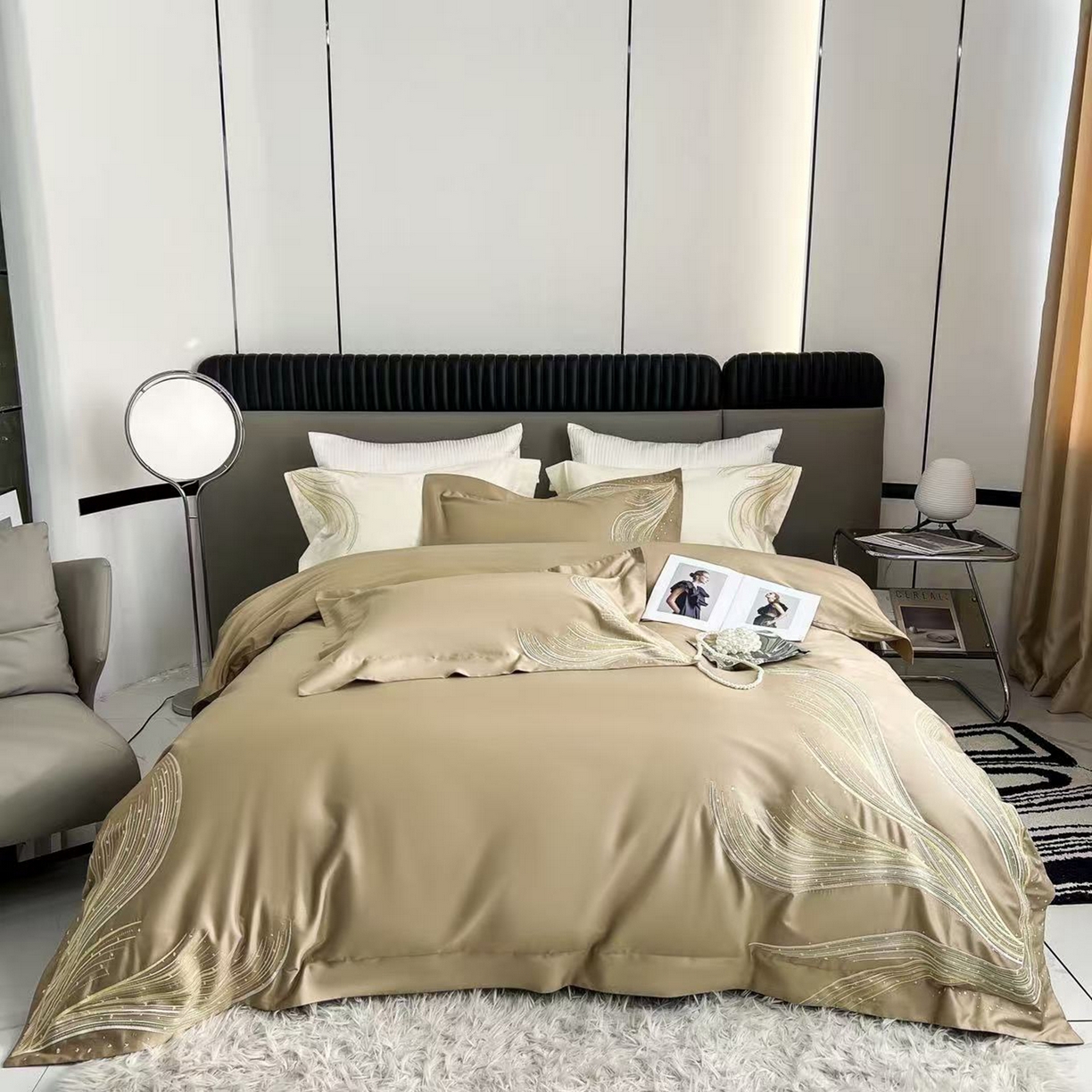 edra 2026新款纯棉长绒棉轻奢刺绣床盖款四件套-北极光 北极光-咖