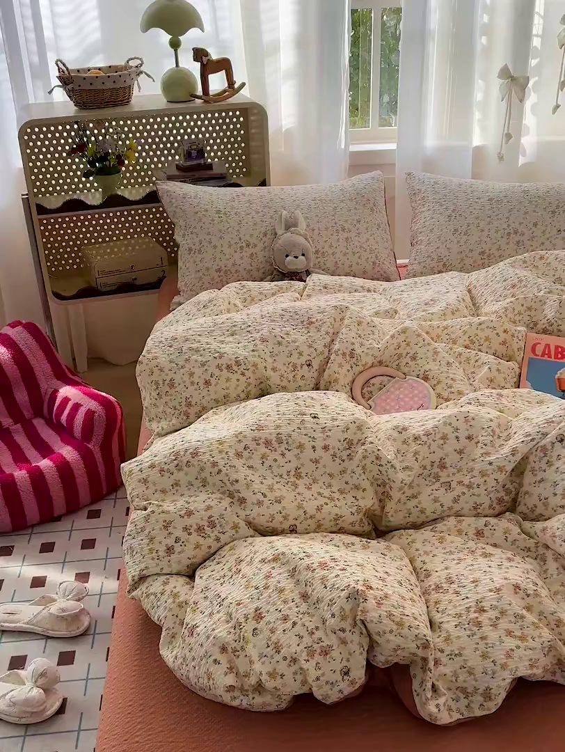 91家纺网 家纺一手货源 找家纺 梦纤绒 2026春夏新款简单款泡芙纱印花四件套 花间赋