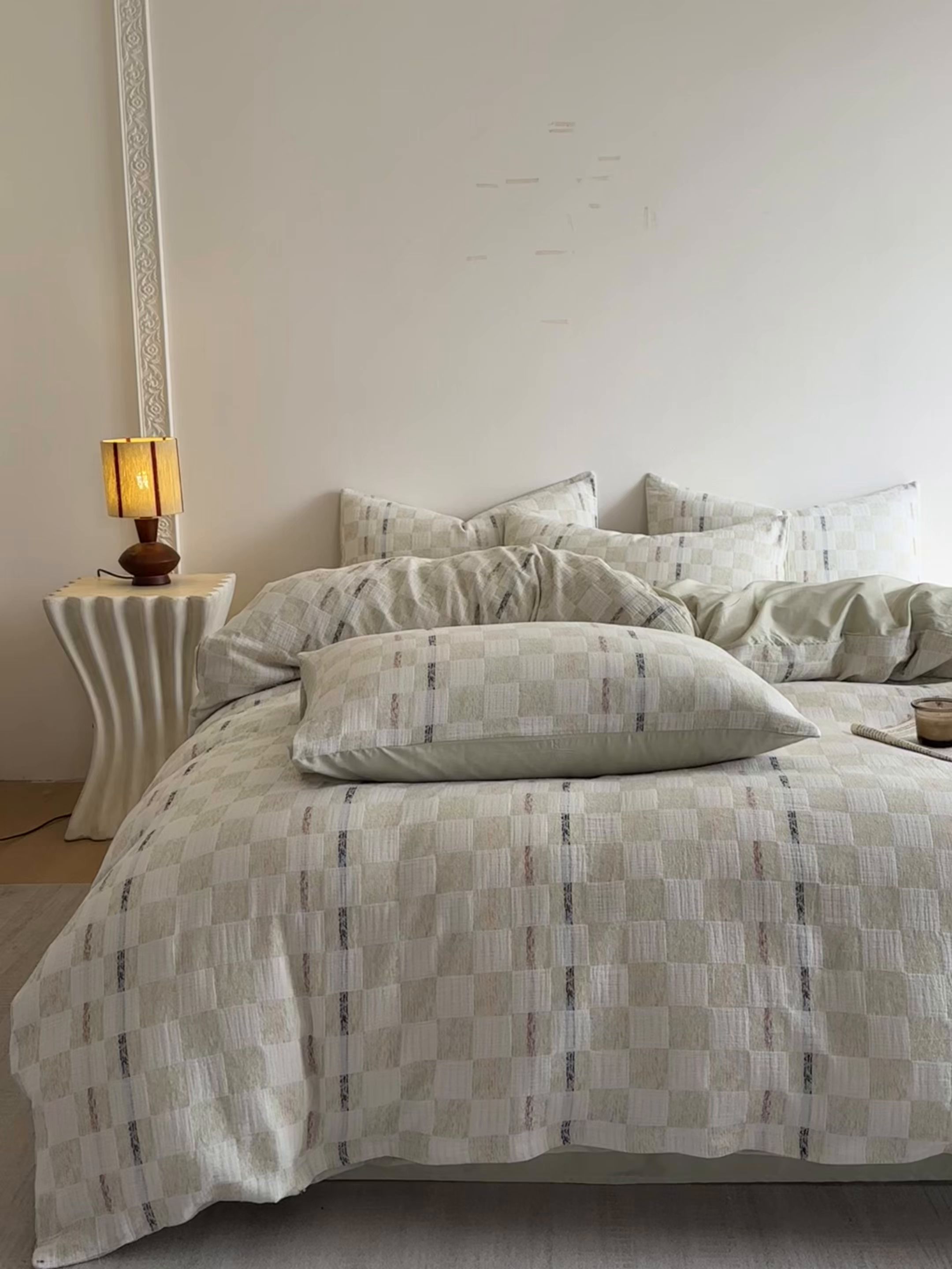 91家纺网 家纺一手货源 找家纺 眠博士 2026新款色织水洗双层纱提花四件套 曲奇绿格