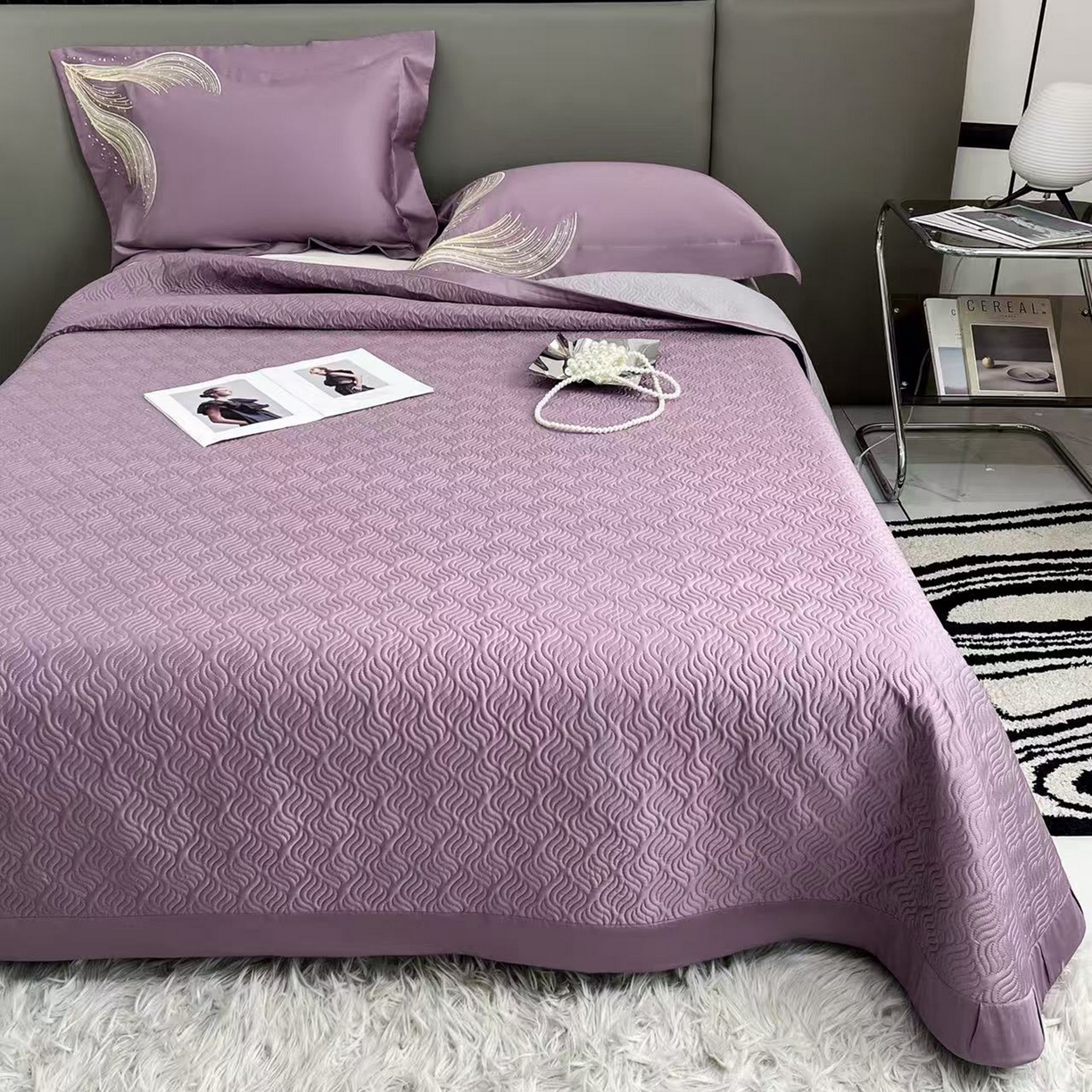 91家纺网 家纺一手货源 找家纺 edra 2026新款纯棉长绒棉轻奢刺绣床盖款四件套-北极光 北极光-紫