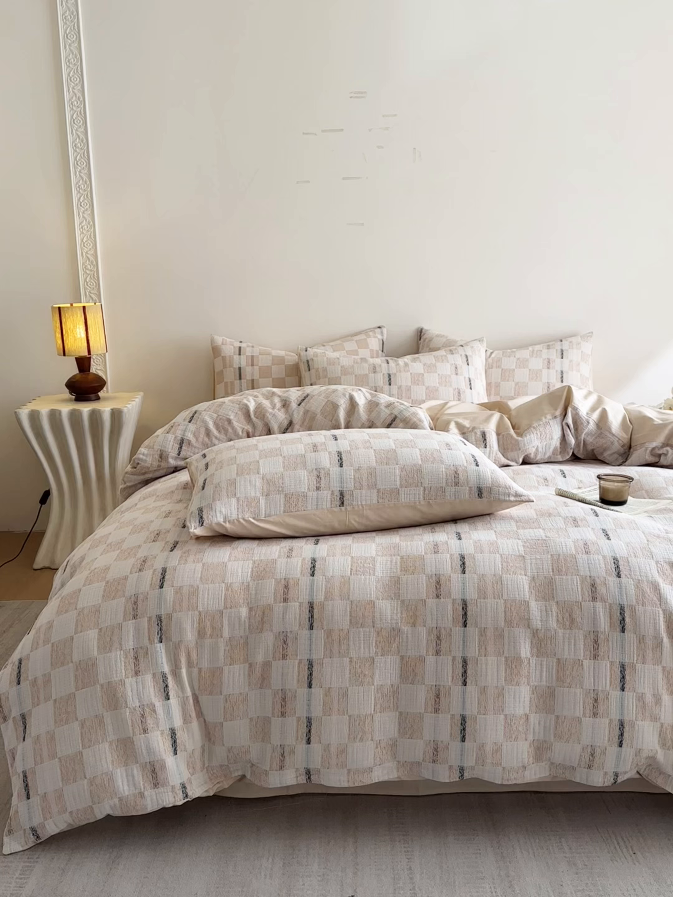 91家纺网 家纺一手货源 找家纺 眠博士 2026新款色织水洗双层纱提花四件套 曲奇卡其格