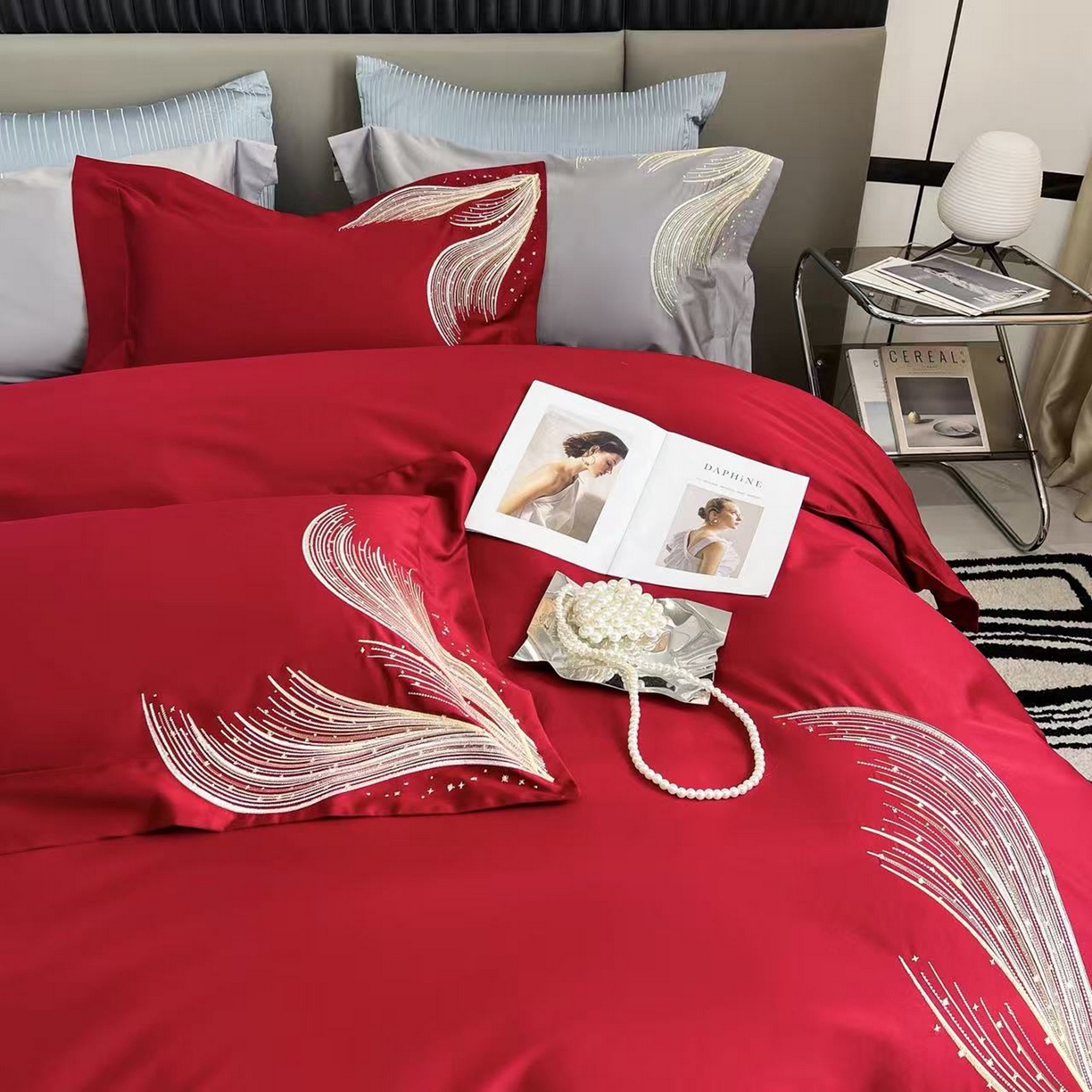 edra 2026新款纯棉长绒棉轻奢刺绣床盖款四件套-北极光 北极光-红