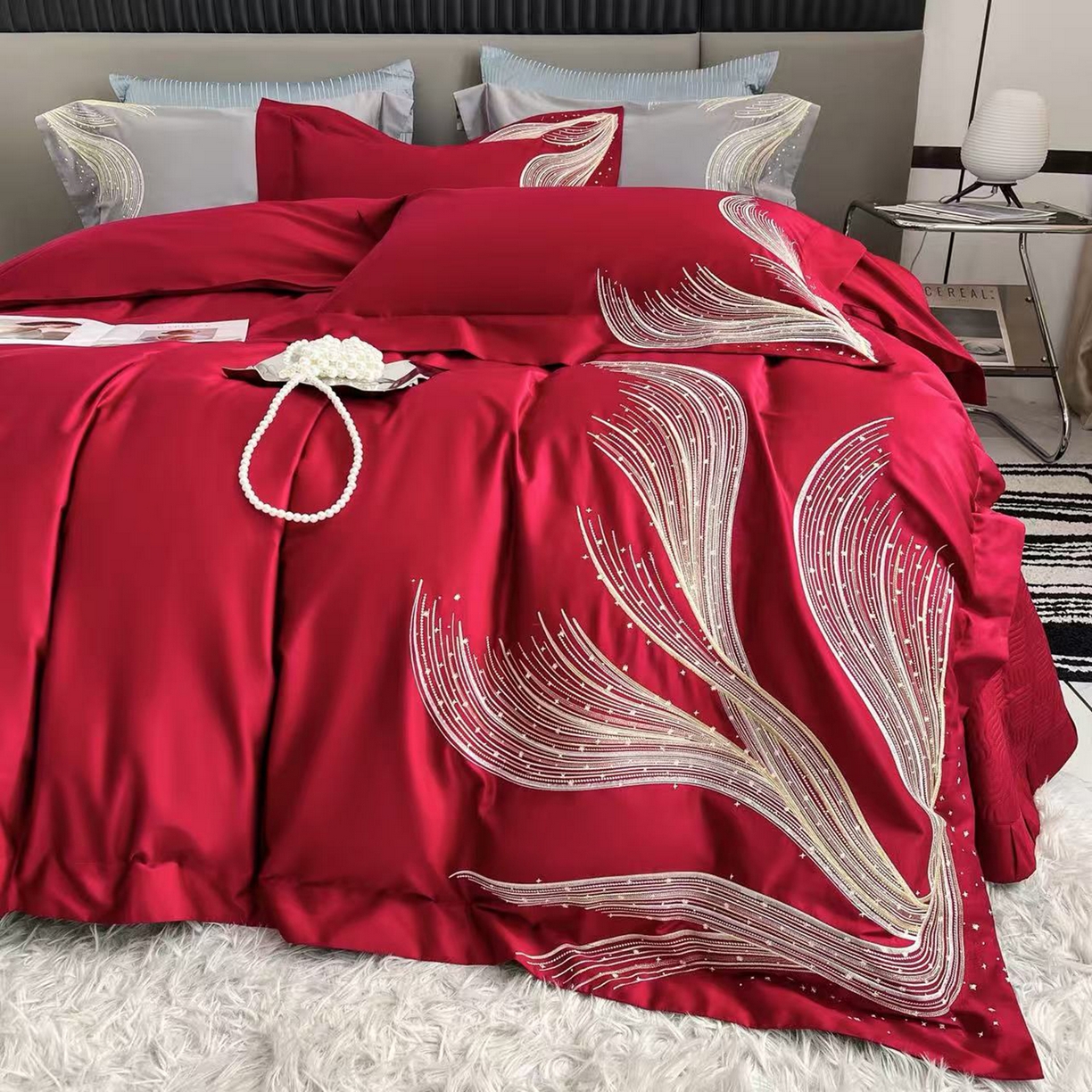 91家纺网 家纺一手货源 找家纺 edra 2026新款纯棉长绒棉轻奢刺绣床盖款四件套-北极光 北极光-红