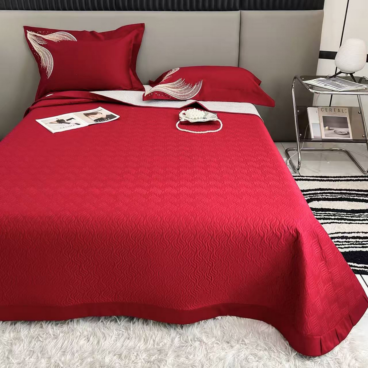 91家纺网 家纺一手货源 找家纺 edra 2026新款纯棉长绒棉轻奢刺绣床盖款四件套-北极光 北极光-红