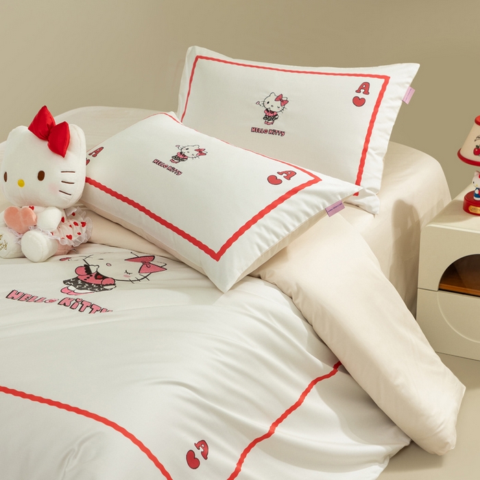 91家纺网 家纺一手货源 找家纺 卡巴伦家纺 2026新款正版hellokitty长绒棉全棉纯棉四件套【联系客服获取授权后才可售卖】 红心kt