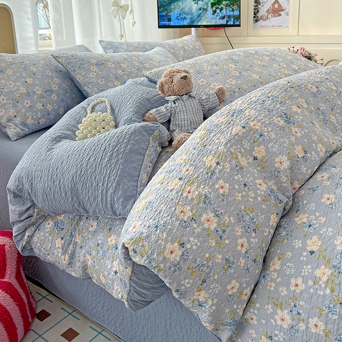 梦纤绒 2026春夏新款简单款泡芙纱印花四件套 蓝樱